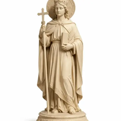 A saint statue holding a cross and book, draped in robes with halo and crown.