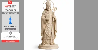 A detailed 3D statue of a saint in robes, holding a staff and book, with halo and mitre.