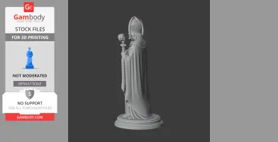 A detailed statue of a robed saint holding a staff, wearing a mitre, on a circular base.