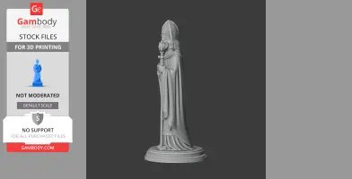 A detailed statue of a robed figure wearing a mitre, holding a staff, standing on a round base.