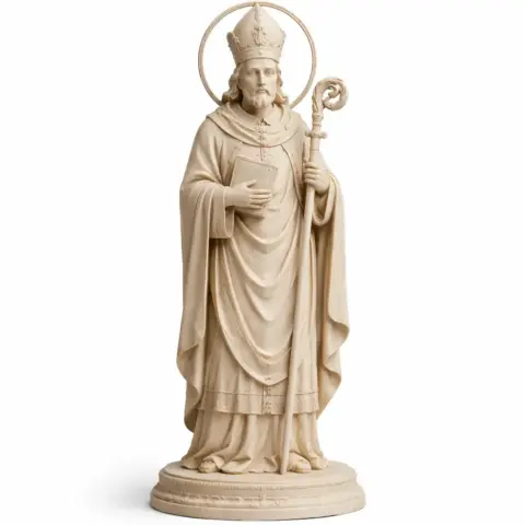 A detailed statue of a robed bishop with a mitre, holding a crozier and book, on a round base.