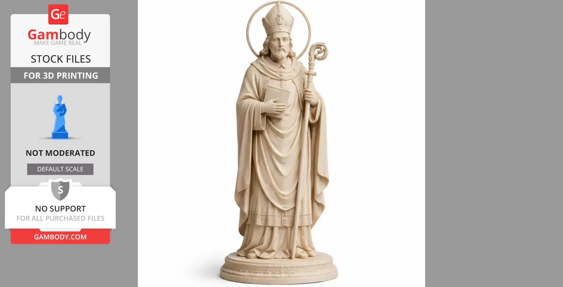 A detailed 3D statue of a saint in robes, holding a staff and book, with halo and mitre.