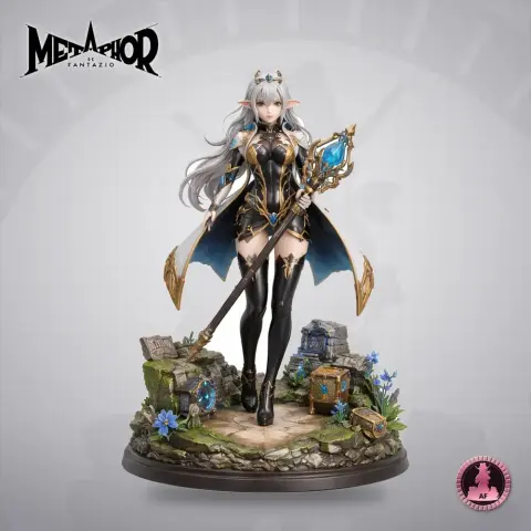 A fantasy character with long hair, holding a staff on a detailed base with treasure and flowers.