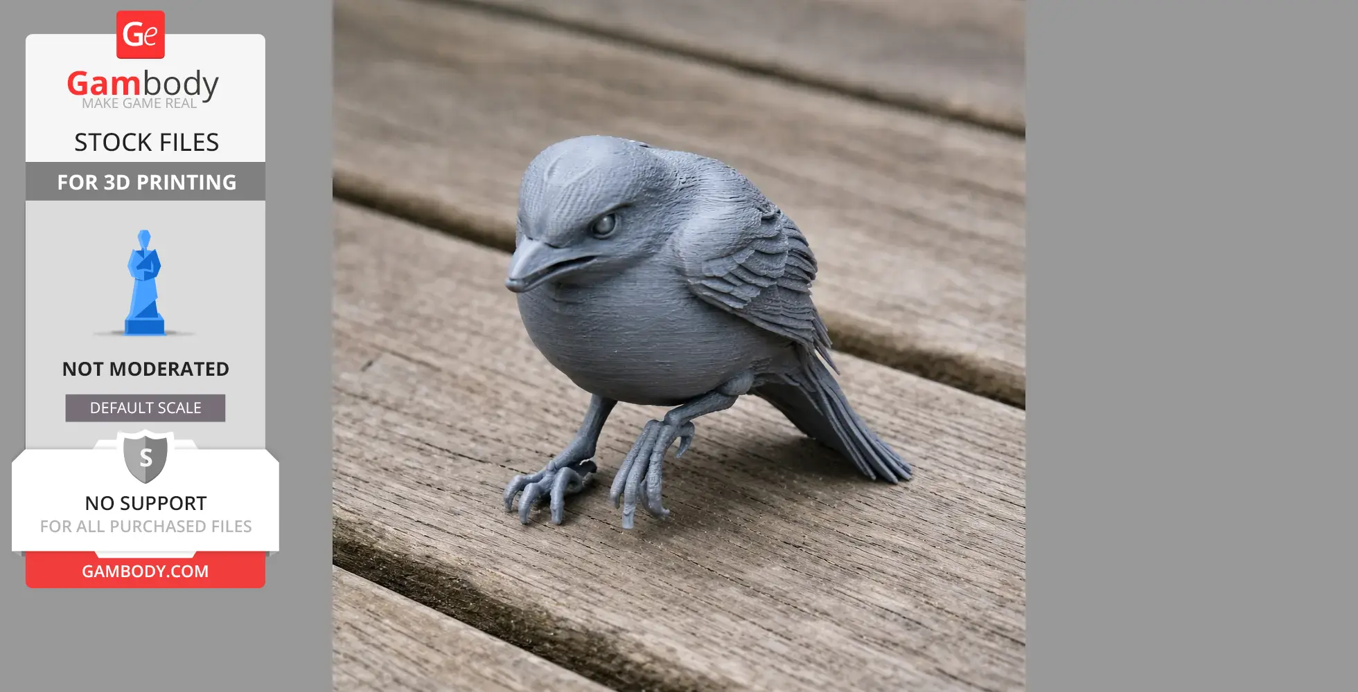 Gray 3D-printed Bahama mockingbird model with detailed feathers on a wooden surface.