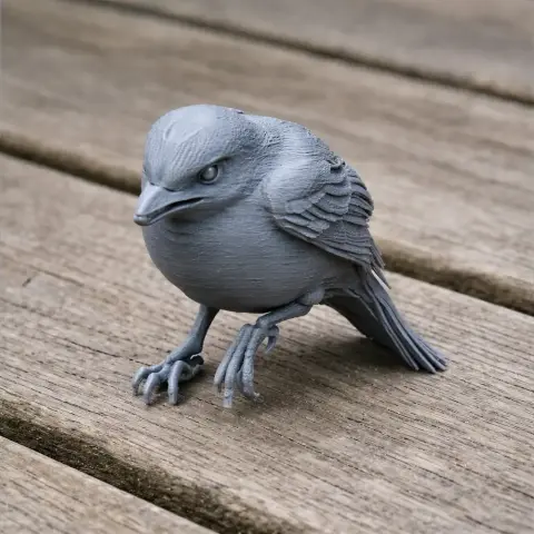 A detailed 3D model of a Bahama mockingbird with textured feathers, perched on wooden planks.