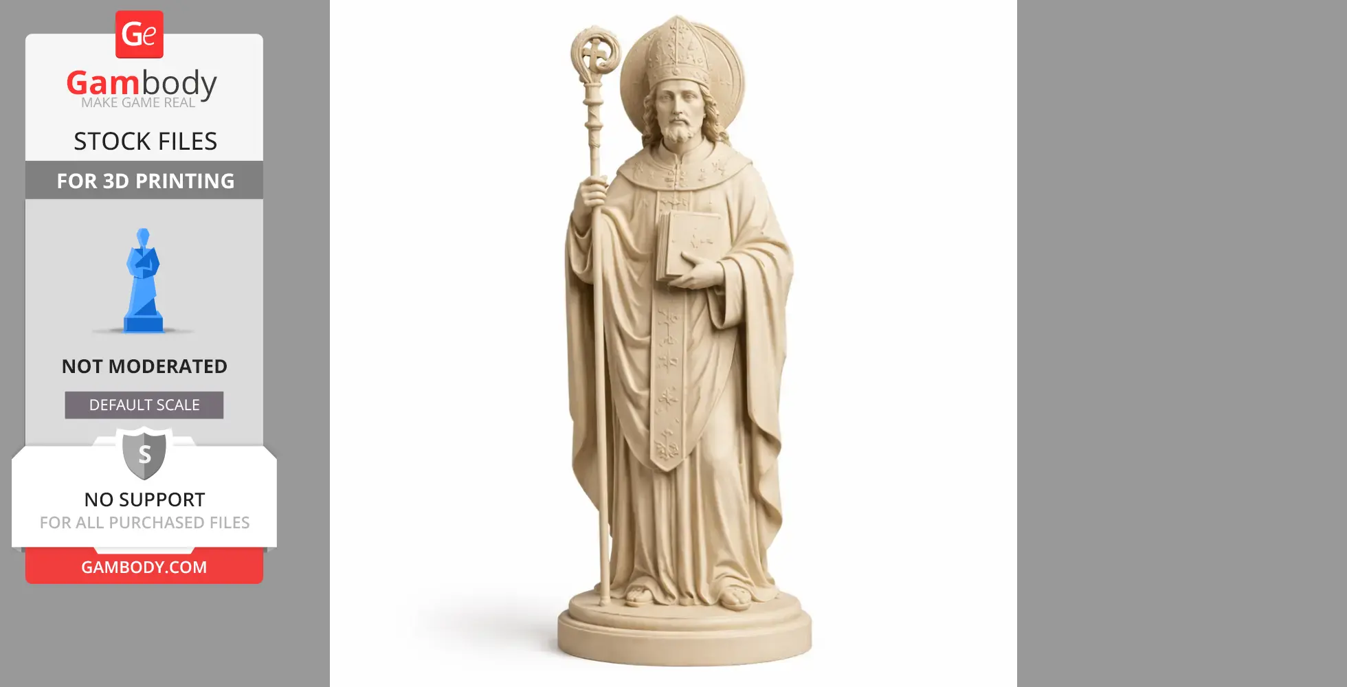 A 3D printed statue of Saint Anselm holding a staff and book, wearing religious robes and mitre.