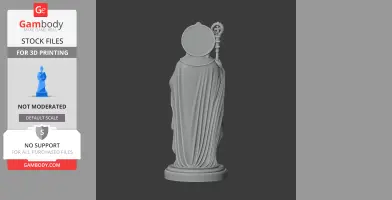 A 3D model of a robed figure holding a staff, on a round base, with a halo-like disc behind the head.