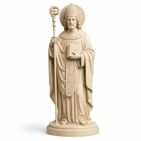 A detailed statue of Saint Anselm holding a staff and book, wearing a mitre and robes, on a round base.