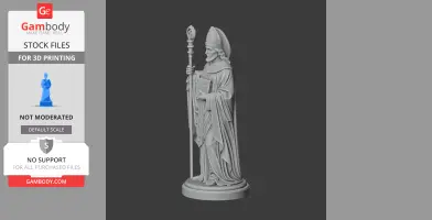 A 3D statue of a robed figure holding a staff and a book, posed on a round base.