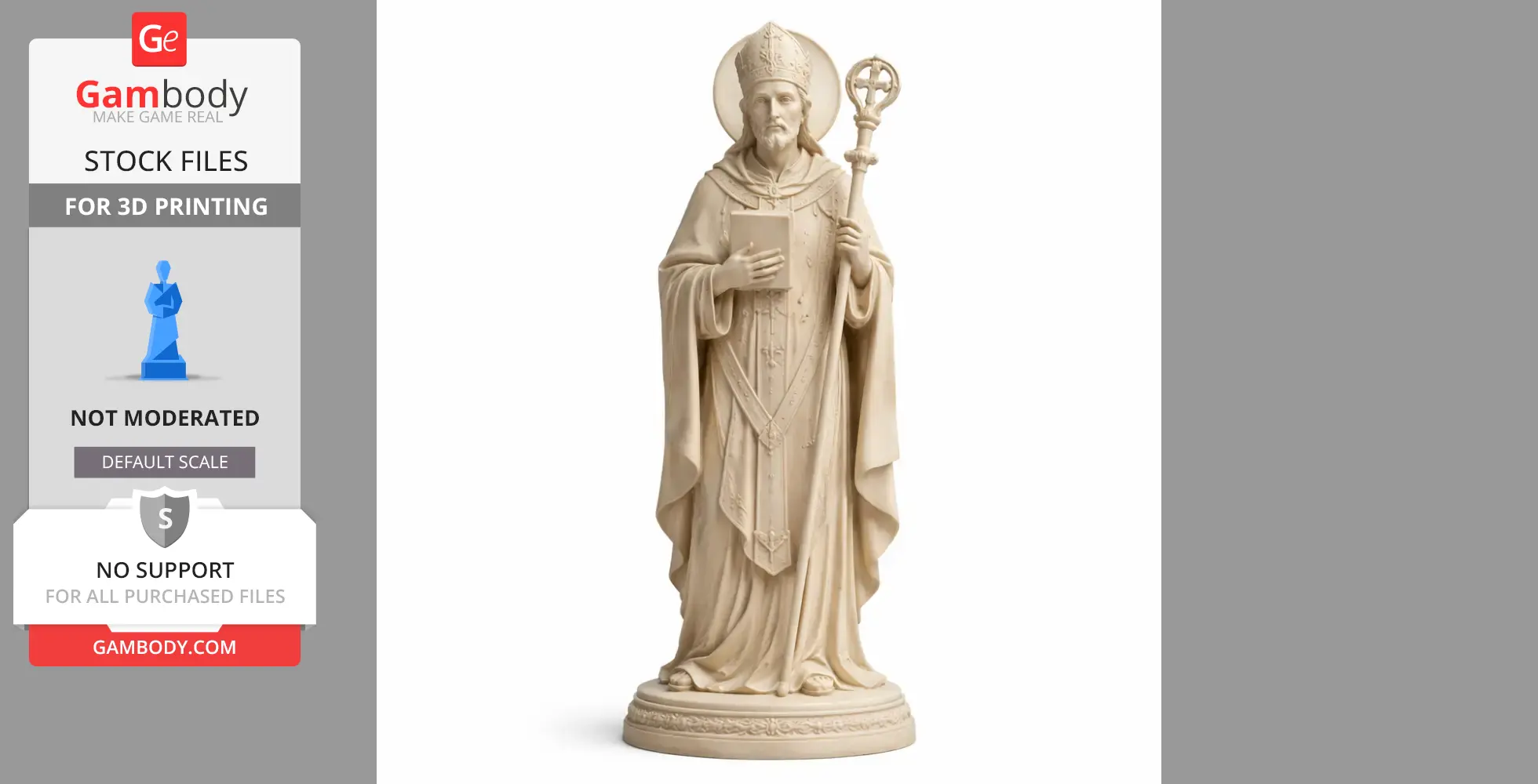Saint Anselm statue in robes, holding a book and staff, for 3D printing.