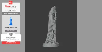 A saintly figure in robes, holding a staff, standing on a round base, detailed folds in the garments.