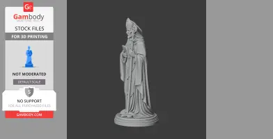 A detailed 3D statue of a standing figure in robes and hat, holding a book and staff on a round base.