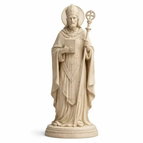 A devotional statue of a robed saint holding a book and staff, wearing a mitre and halo.