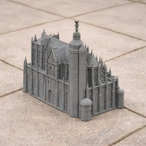 3D-printed model of St Elisabeth Cathedral featuring intricate Gothic architectural details.