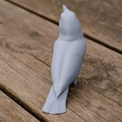 A 3D printed model of a bird, standing on wooden planks, viewed from behind.
