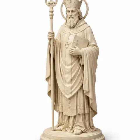 Devotional statue of a bearded bishop in robes, holding a staff and book, standing on a circular base.