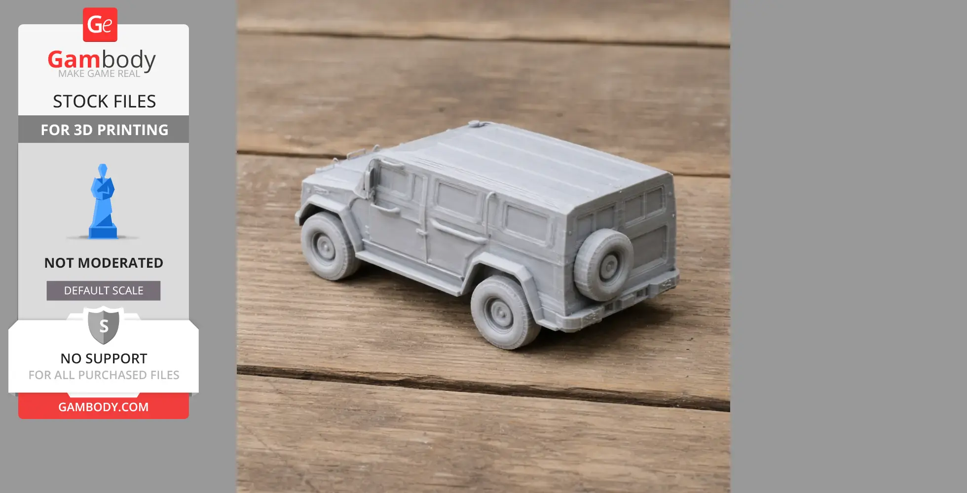 Gray 3D-printed model of a tactical vehicle on a wooden surface.