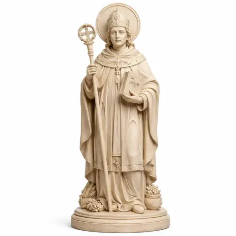 A detailed 3D statue of Saint Ansovinus holding a staff and book, wearing ornate religious attire.