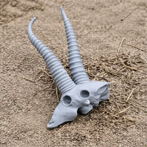 Springbok skull replica with spiral horns on sandy ground, designed for 3D printing.