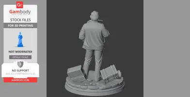 A 3D model of a man standing on a base with miscellaneous objects around his feet.