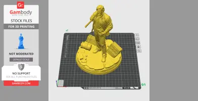 3D model of a man standing on a base, holding a bat, surrounded by various objects.
