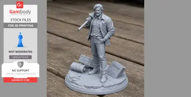 A detailed figure of a male character standing on a round base, holding a bat-like object over his shoulder.