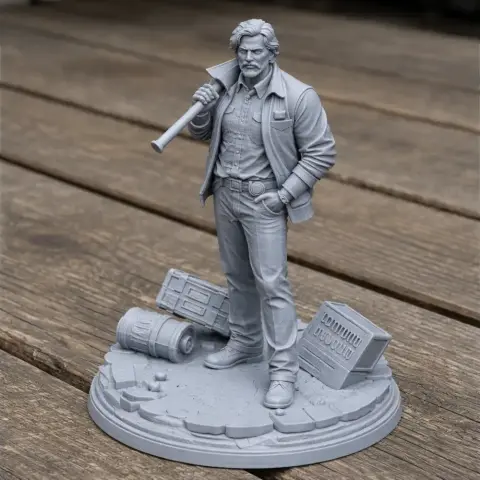 A detailed 3D-printed figure of a man in casual attire, holding a tool, standing on a textured base with scattered boxes.