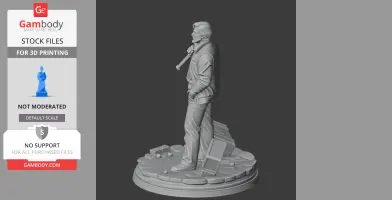 A 3D-printed figure of a man in a jacket with a bat over his shoulder, standing on a detailed base.
