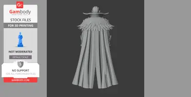 A 3D model of a figure wearing a detailed cape with feather-like shoulder adornments.
