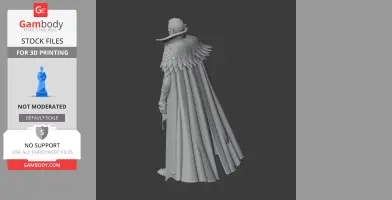 A 3D model of a character with a long, feathered cloak and ornate armor, viewed from the back.