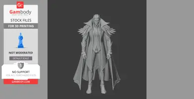 A detailed 3D model of a fantasy character with armor and a long coat, prepared for printing.