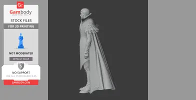 A detailed warrior figurine with a cloak and ornate armor, designed for 3D printing.