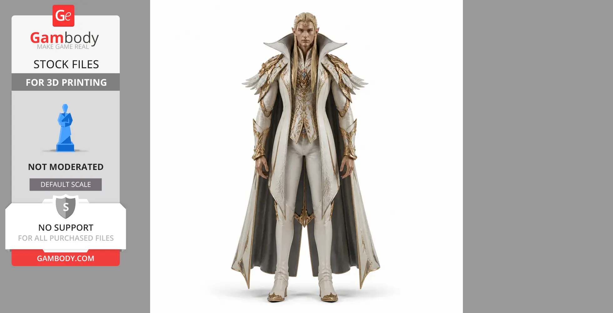 A regal character in ornate armor with a high collar and long, flowing hair stands upright.