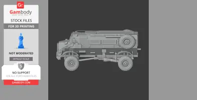 Casspir 3D tank model side view, detailed wheels and armor, gray color, on a display banner for 3D printing.