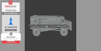 3D model of an armored tank with large wheels, side view, intended for 3D printing.