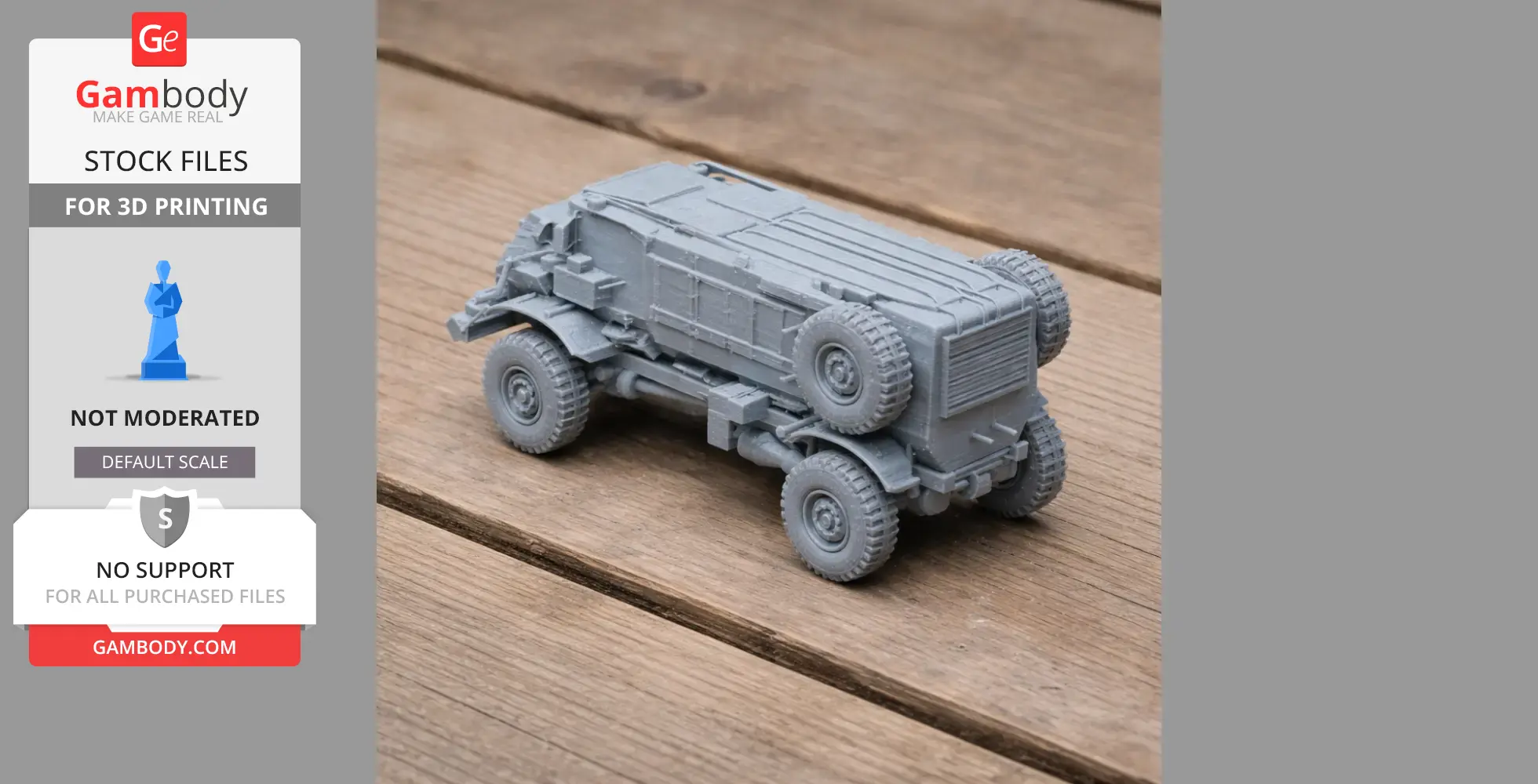 Detailed 3D-printed model of a military vehicle on a wooden surface.