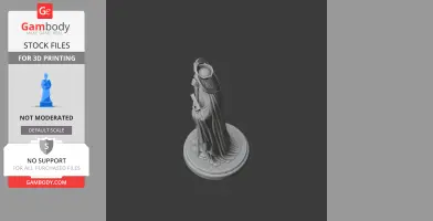 3D model of a hooded figure holding a book and staff, standing on a round base.
