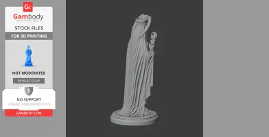 A draped, headless statue holding a small figure, standing on a round base.
