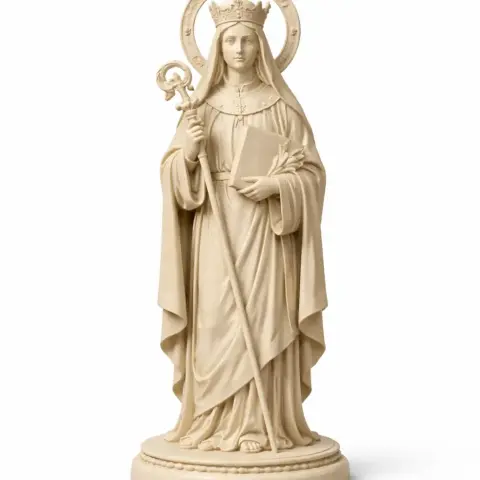 A devotional statue of a robed woman holding a staff and book, with a halo and crown.