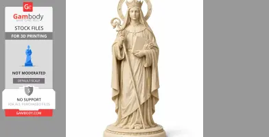 A detailed 3D statue of a crowned female figure with a book and staff, draped in flowing robes.