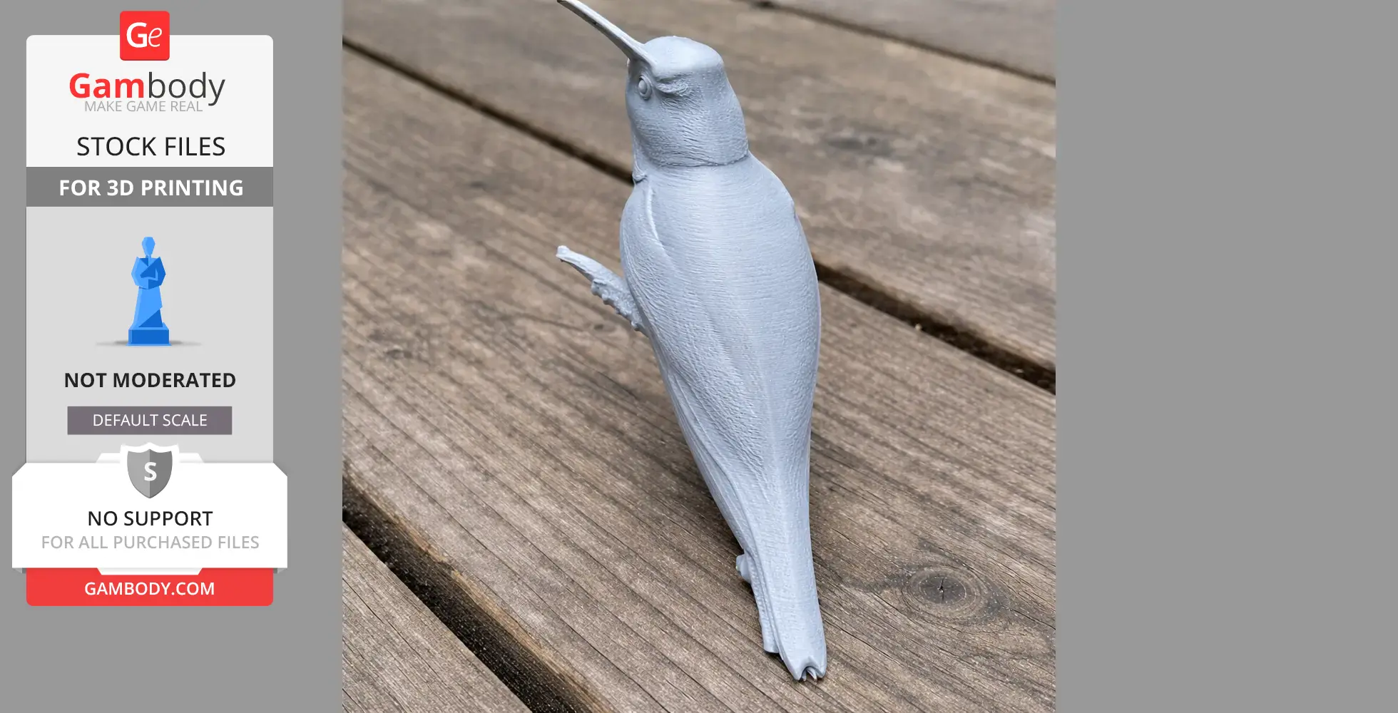 3D printed model of a Bahama woodstar bird on a wooden surface.