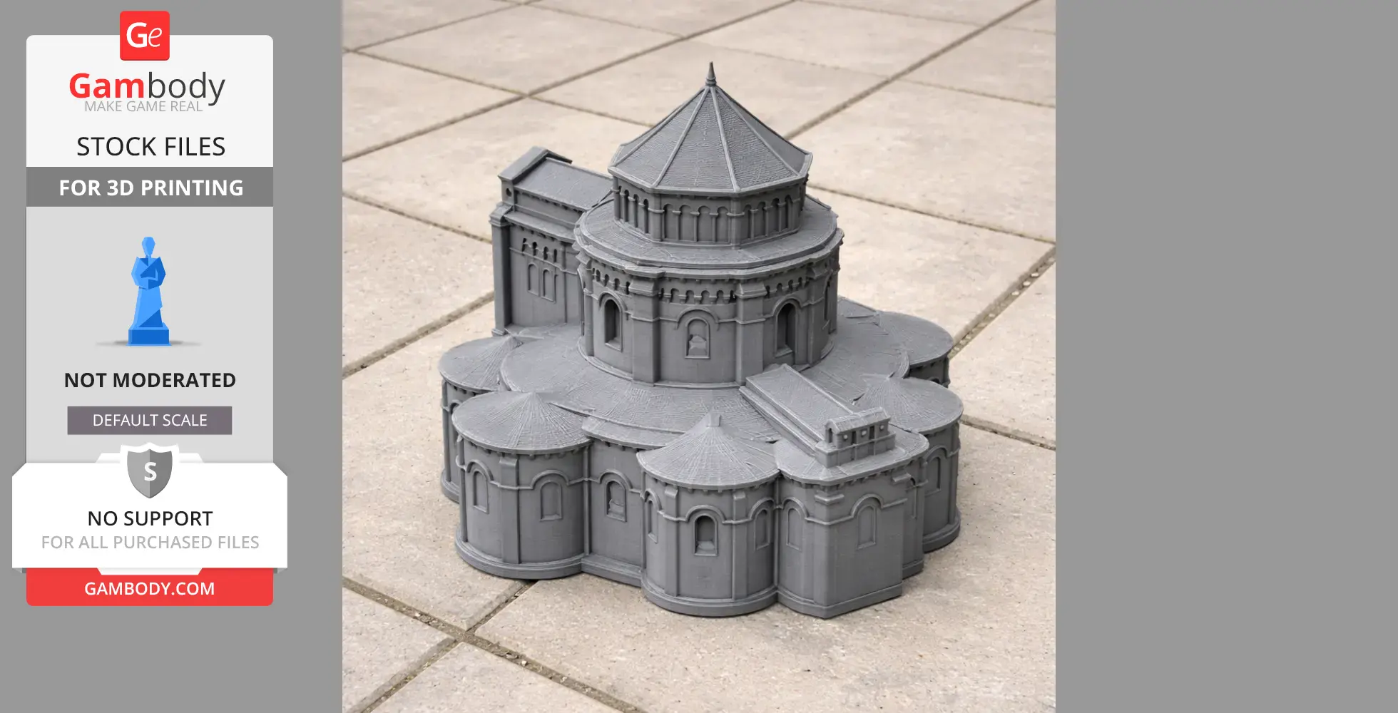 Gray 3D-printed model of Diocese of Nevers architecture, featuring domes and detailed arches.