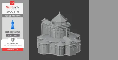A detailed 3D model of a historical building with ornate architecture, featuring domes and arches.