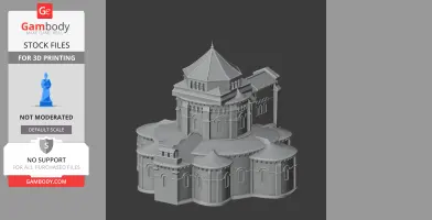A detailed 3D model of a cathedral-like building with a central octagonal tower and ornate arches.