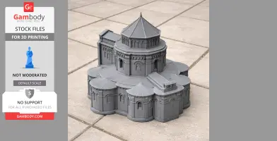 Gray 3D-printed model of Diocese of Nevers architecture, featuring domes and detailed arches.