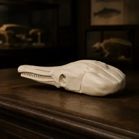 A detailed 3D-printed Spotted Gar skull replica, displayed on a wooden surface.