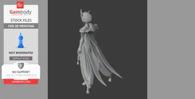 A detailed 3D model of a character with flowing garments and an ornate headdress, designed for 3D printing.