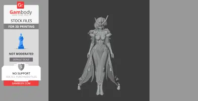 A detailed 3D model of a character in elaborate attire, featuring intricate armor and a flowing cape.