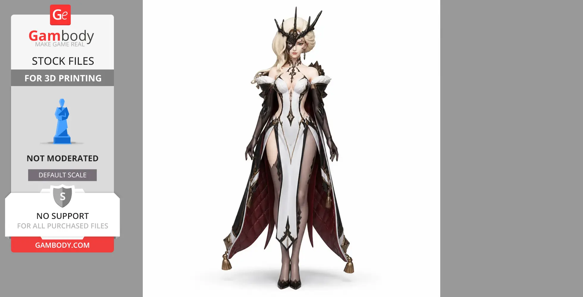 Detailed figurine of a character in a long, elegant gown with intricate designs, horns, and flowing cape.