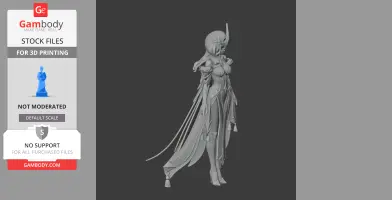 Elegant 3D model of a female character with ornate armor and flowing cape, ready for printing.